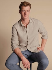 Charles Tyrwhitt Natural Plain Pure Linen Long Sleeve Shirt - Image 2 of 9