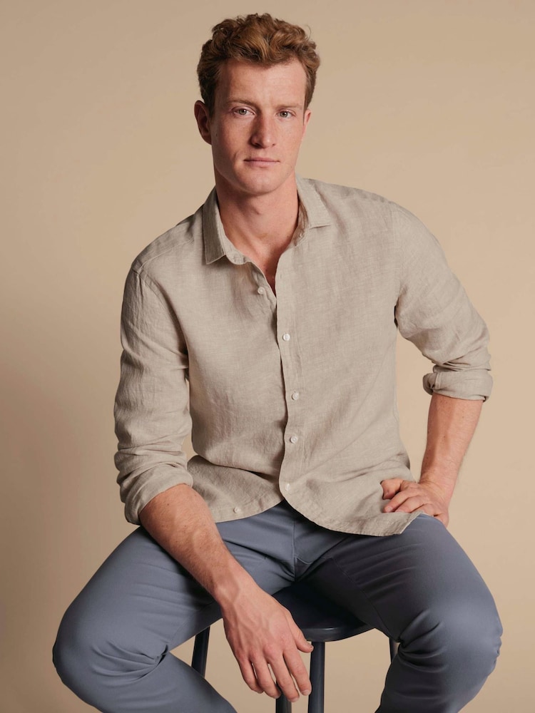 Charles Tyrwhitt Natural Plain Pure Linen Long Sleeve Shirt - Image 2 of 9