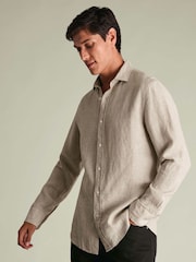 Charles Tyrwhitt Natural Plain Pure Linen Long Sleeve Shirt - Image 5 of 9