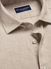Charles Tyrwhitt Natural Plain Pure Linen Long Sleeve Shirt - Image 8 of 9
