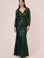 Adrianna Papell Green Sequin Lace Long Gown - Image 1 of 7