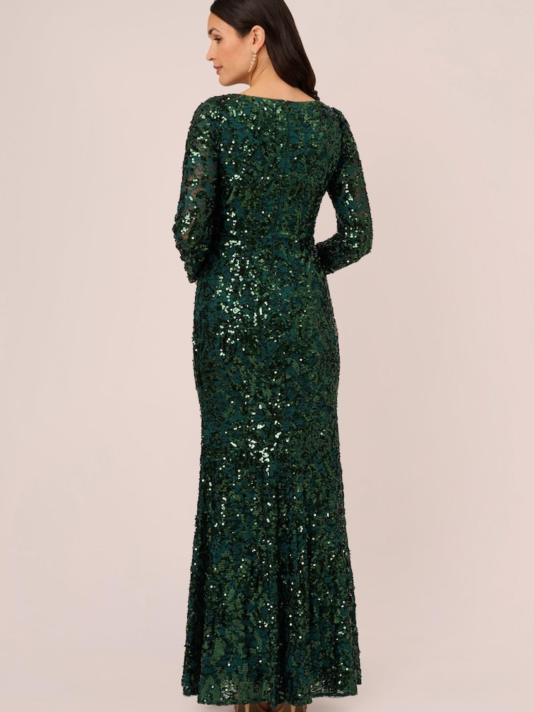 Adrianna Papell Green Sequin Lace Long Gown - Image 2 of 7