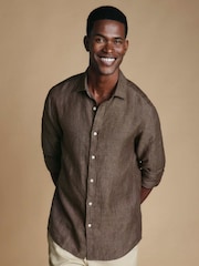 Charles Tyrwhitt Brown Plain Pure Linen Shorts Sleeve Shirt - Image 1 of 7