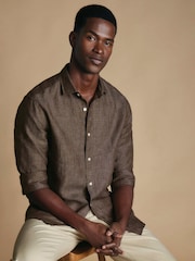 Charles Tyrwhitt Brown Plain Pure Linen Shorts Sleeve Shirt - Image 2 of 7