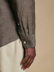 Charles Tyrwhitt Brown Plain Pure Linen Shorts Sleeve Shirt - Image 4 of 7