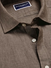 Charles Tyrwhitt Brown Plain Pure Linen Shorts Sleeve Shirt - Image 6 of 7