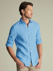 Charles Tyrwhitt Ocean Blue Plain Pure Linen Shorts Sleeve Shirt - Image 1 of 7