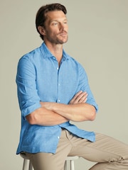 Charles Tyrwhitt Ocean Blue Plain Pure Linen Shorts Sleeve Shirt - Image 2 of 7