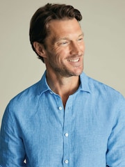 Charles Tyrwhitt Ocean Blue Plain Pure Linen Shorts Sleeve Shirt - Image 3 of 7
