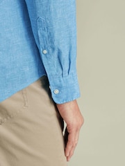 Charles Tyrwhitt Ocean Blue Plain Pure Linen Shorts Sleeve Shirt - Image 4 of 7