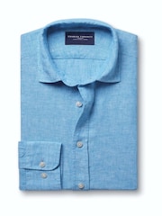 Charles Tyrwhitt Ocean Blue Plain Pure Linen Shorts Sleeve Shirt - Image 5 of 7