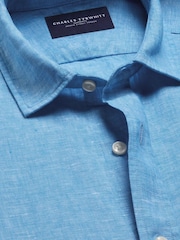Charles Tyrwhitt Ocean Blue Plain Pure Linen Shorts Sleeve Shirt - Image 6 of 7