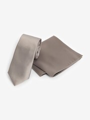 Neutral Brown Satin Tie And Pocket Square Set - Image 1 of 5