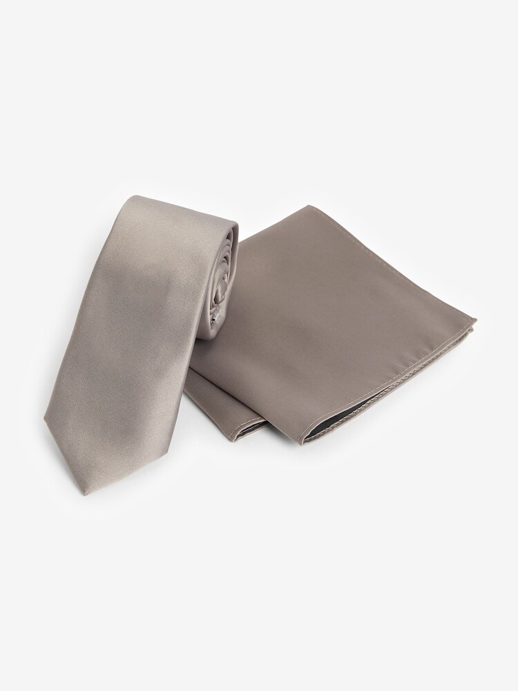 Neutral Brown Satin Tie And Pocket Square Set - Image 1 of 5