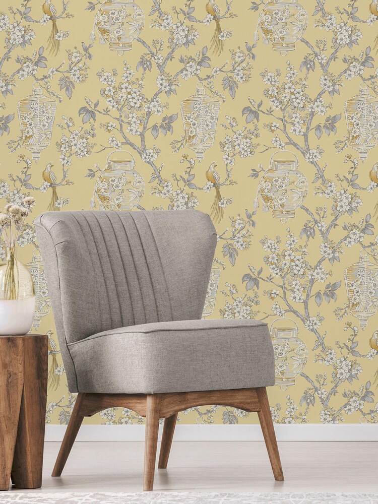 Vymura London Yellow Exclusive To Next Japanese Chinoise Floral Wallpaper - Image 1 of 2 Vymura London Yellow Exclusive To Next Japanese Chinoise Floral Wallpaper - Image 1 of 2