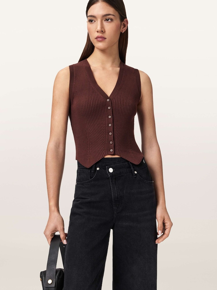 AllSaints Brown Cruz White Ribbed Knitted Waistcoat - Image 1 of 7