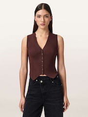 AllSaints Brown Cruz White Ribbed Knitted Waistcoat - Image 2 of 7