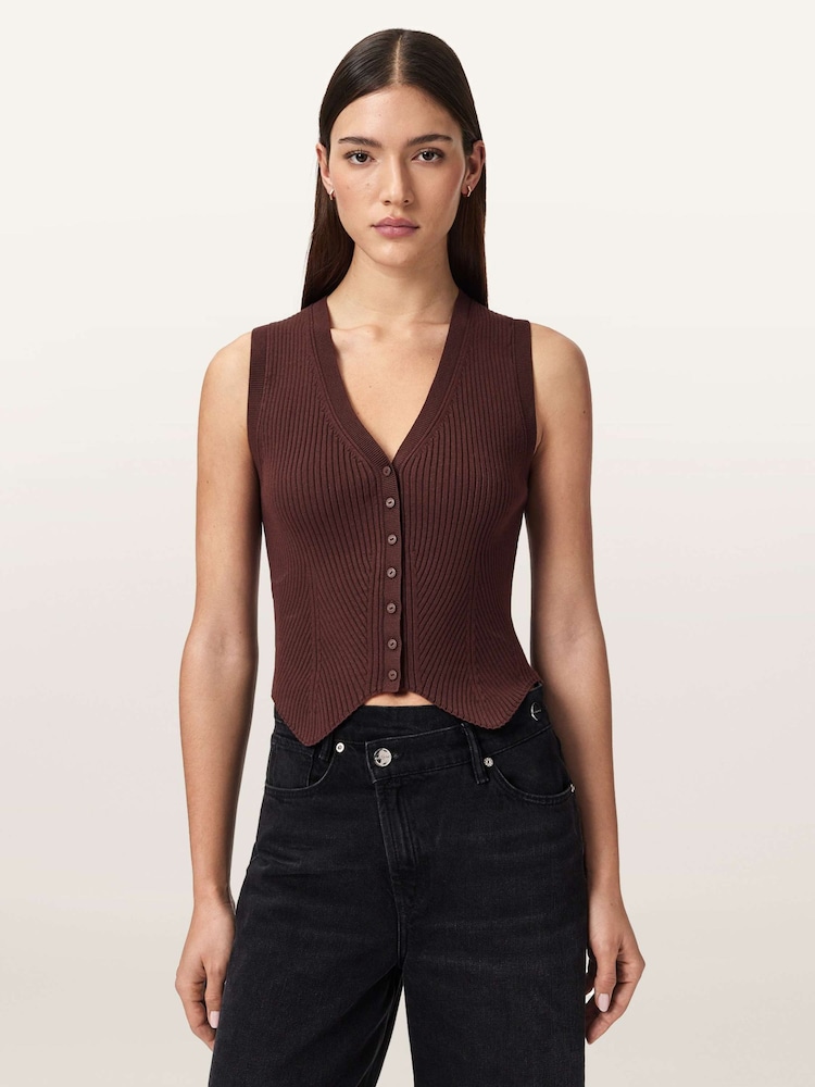 AllSaints Brown Cruz White Ribbed Knitted Waistcoat - Image 2 of 7