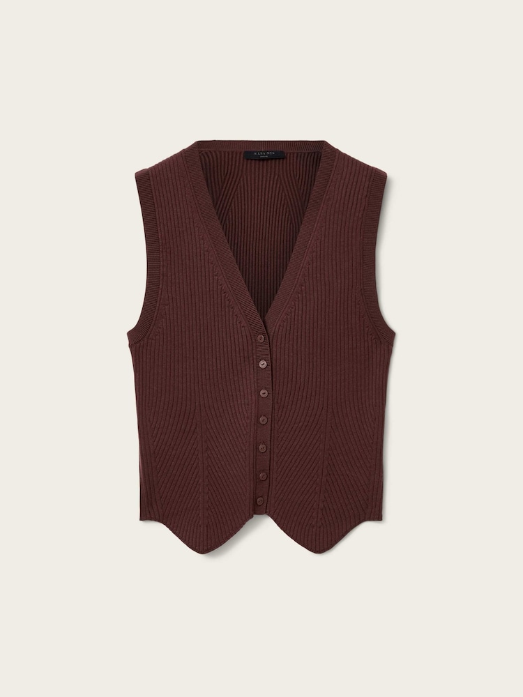 AllSaints Brown Cruz White Ribbed Knitted Waistcoat - Image 7 of 7