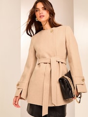 Lipsy Beige Collarless Belted Smart Coat - Image 1 of 5
