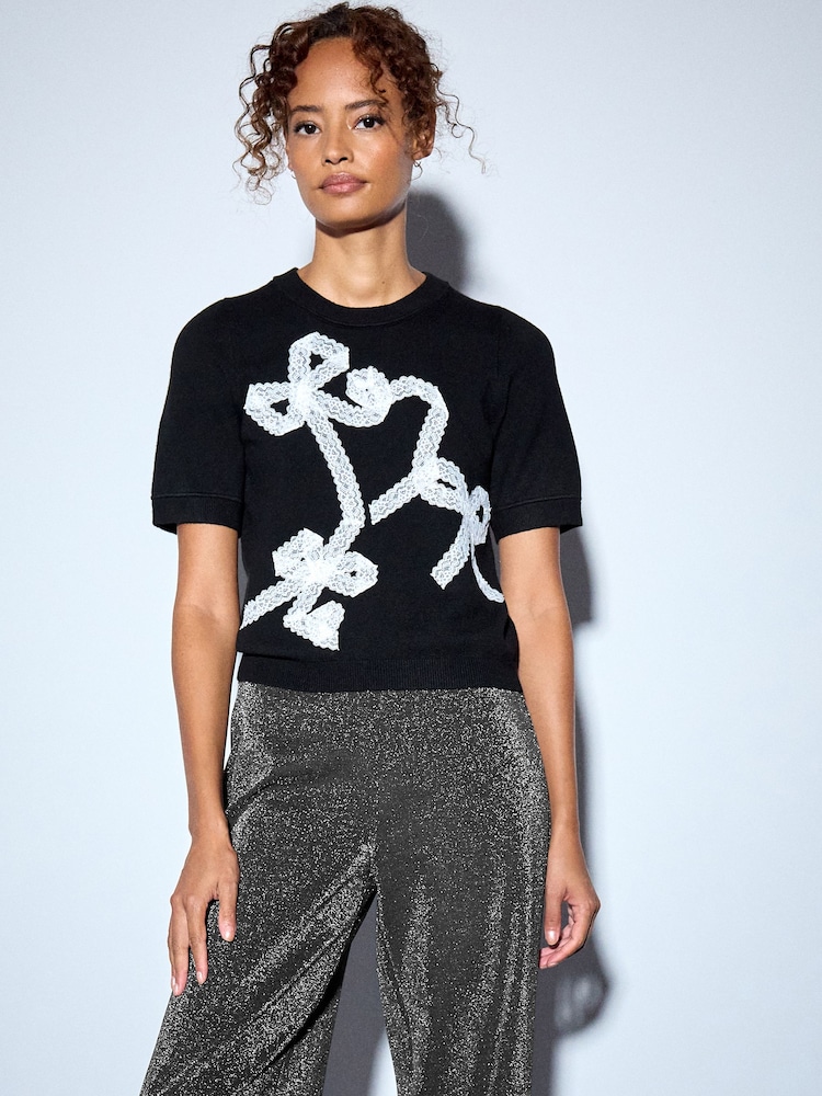 Black Lace Bow Supersoft Short Sleeve Knitted Jumper - Image 1 of 8