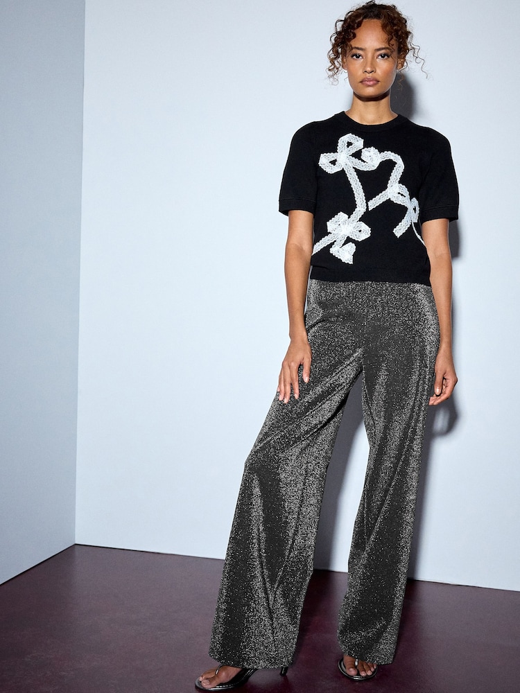 Black Lace Bow Supersoft Short Sleeve Knitted Jumper - Image 2 of 8