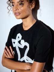 Black Lace Bow Supersoft Short Sleeve Knitted Jumper - Image 5 of 8