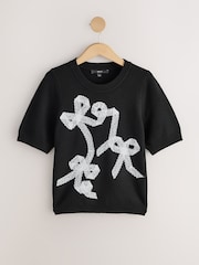 Black Lace Bow Supersoft Short Sleeve Knitted Jumper - Image 6 of 8