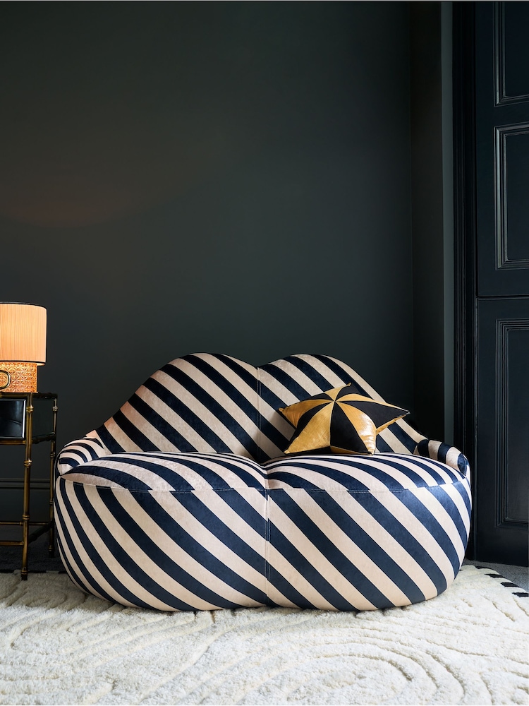 Rockett St George Studio Stripe Velvet Sand and Black Luscious Lips Small 2 Seater Sofa - Image 1 of 6