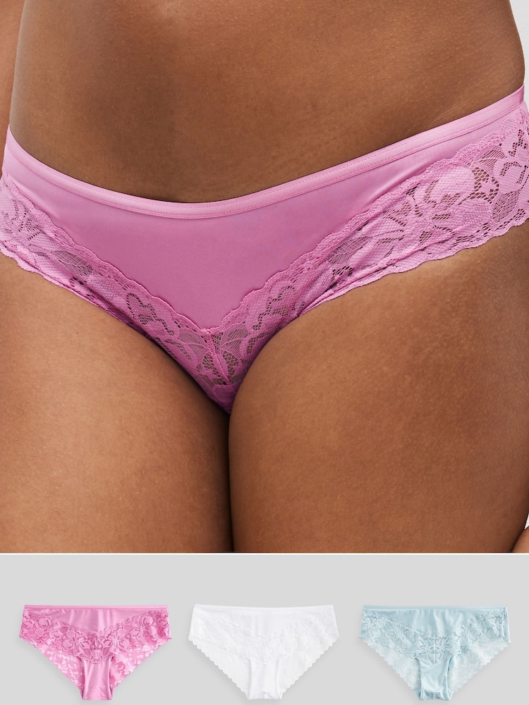 Pink/Blue/White Brazilian Floral Lace Knickers 3 Pack - Image 1 of 8