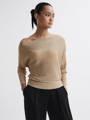 Reiss Gold Louisa Metallic Asymmetric Knitted Top - Image 1 of 5
