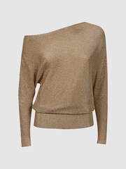 Reiss Gold Louisa Metallic Asymmetric Knitted Top - Image 2 of 5