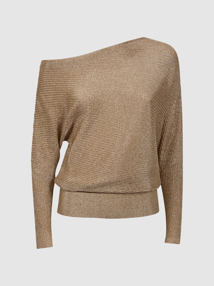 Reiss Gold Louisa Metallic Asymmetric Knitted Top - Image 2 of 5