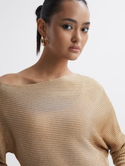 Reiss Gold Louisa Metallic Asymmetric Knitted Top - Image 4 of 5