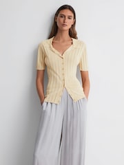 Reiss Lemon Stella Fitted Striped Button Through T-Shirt - Image 1 of 5
