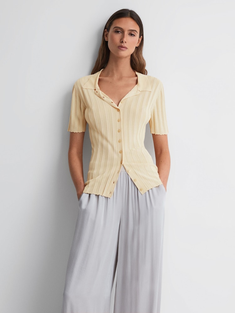 Reiss Lemon Stella Fitted Striped Button Through T-Shirt - Image 1 of 5