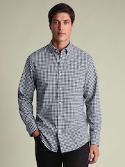 Charles Tyrwhitt Blue Gingham Button-Down Stretch Washed Poplin Slim Fit Shirt - Image 1 of 7
