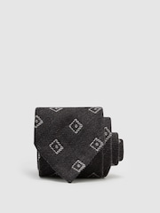 Reiss Charcoal Grey Fazio Wool-Silk Diamond-Medallion Unlined Tie - Image 1 of 5