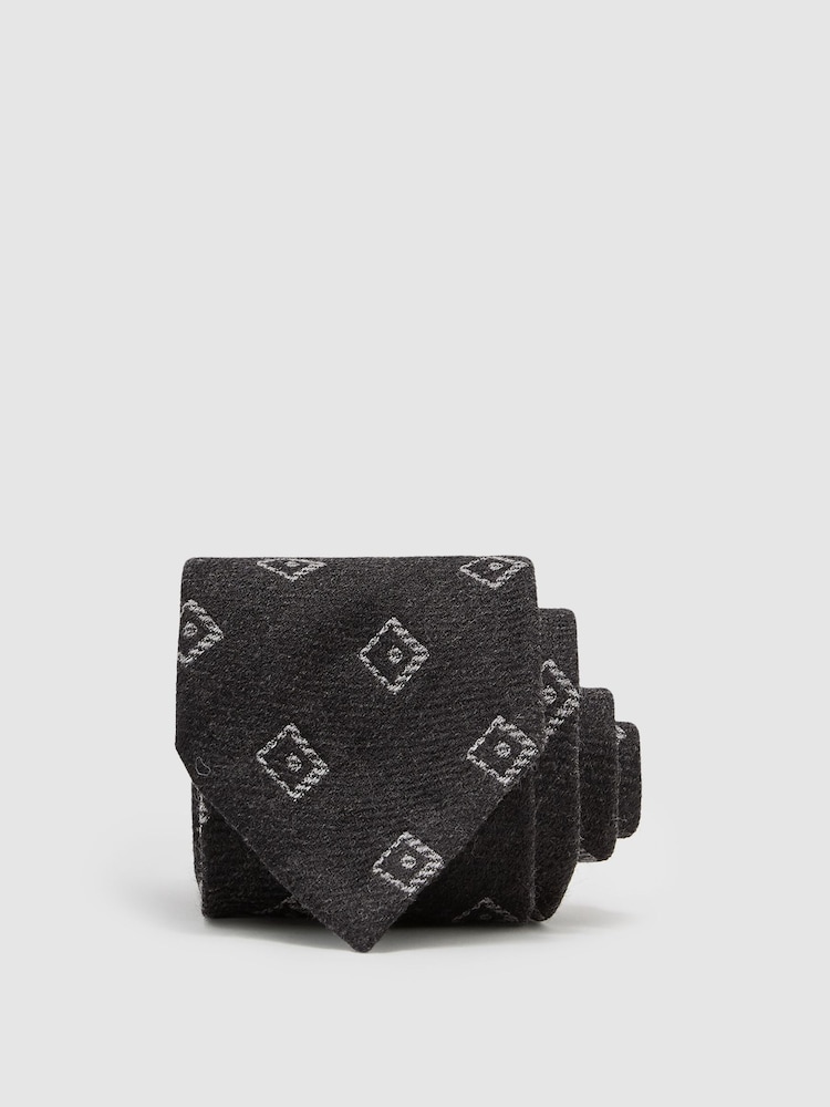 Reiss Charcoal Grey Fazio Wool-Silk Diamond-Medallion Unlined Tie - Image 1 of 5 Reiss Charcoal Grey Fazio Wool-Silk Diamond-Medallion Unlined Tie - Image 1 of 5