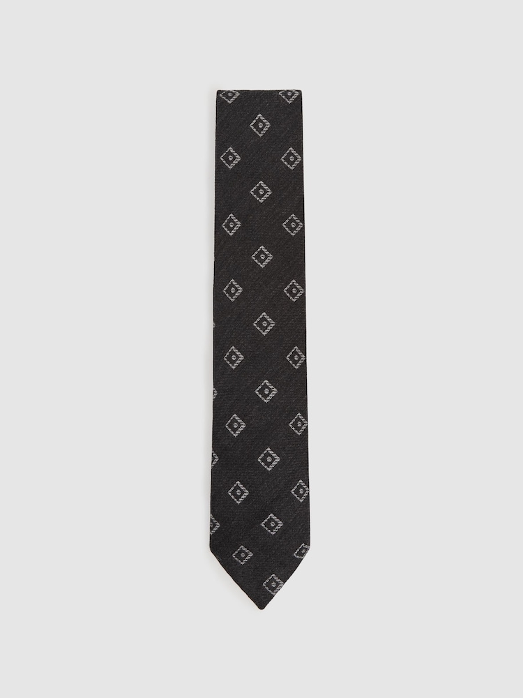 Reiss Charcoal Grey Fazio Wool-Silk Diamond-Medallion Unlined Tie - Image 2 of 5 Reiss Charcoal Grey Fazio Wool-Silk Diamond-Medallion Unlined Tie - Image 2 of 5