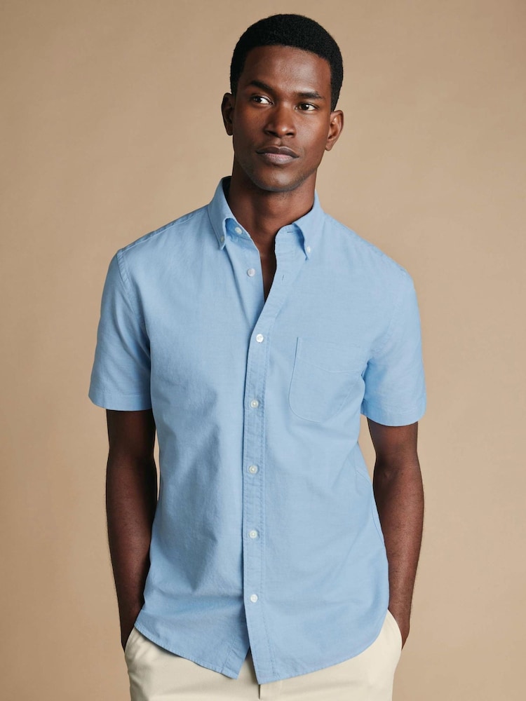 Charles Tyrwhitt Sky Blue Short Sleeve Button-Down Stretch Washed Oxford Shirt - Image 1 of 5 Charles Tyrwhitt Sky Blue Short Sleeve Button-Down Stretch Washed Oxford Shirt - Image 1 of 5