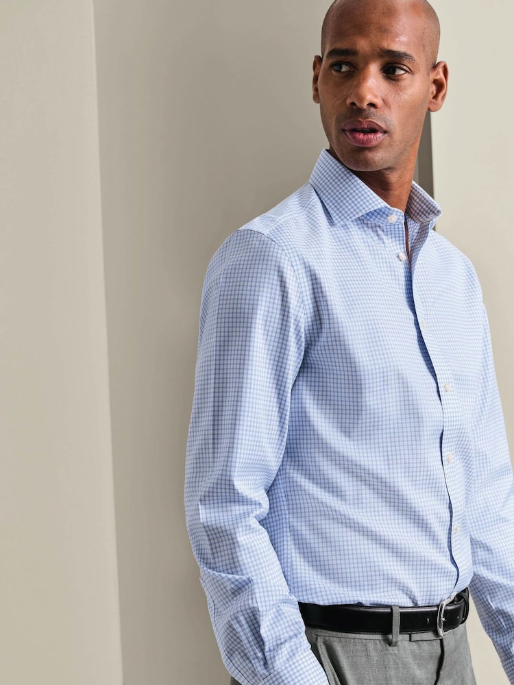 Charles Tyrwhitt Blue MIDI Grid Non-iron Twill Cutaway Slim Fit Shirt - Image 1 of 7