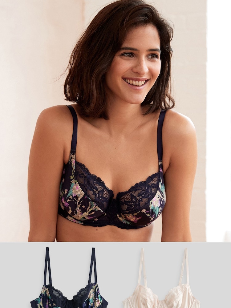Navy Blue Floral Print/Cream 2 Pack Non Pad Full Cup Bras 2 Pack - Image 1 of 10