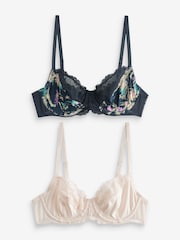 Navy Blue Floral Print/Cream 2 Pack Non Pad Full Cup Bras 2 Pack - Image 7 of 10