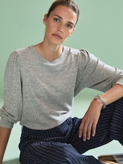 Grey Cosy Lightweight Soft Touch Sleeve Detail Crew Neck Jumper - Image 1 of 7