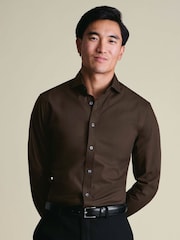 Charles Tyrwhitt Chocolate Brown Classic Fit Non Iron Herringbone 100% Cotton Shirt - Image 1 of 6