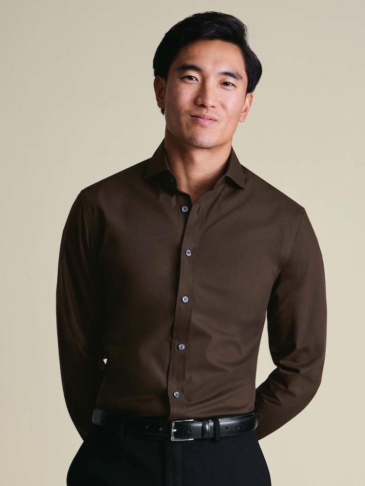 Charles Tyrwhitt Chocolate Brown Classic Fit Non Iron Herringbone 100% Cotton Shirt - Image 1 of 6