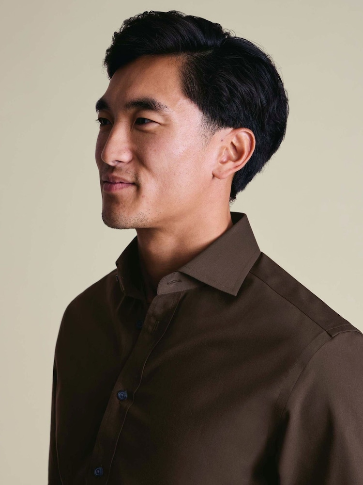 Charles Tyrwhitt Chocolate Brown Classic Fit Non Iron Herringbone 100% Cotton Shirt - Image 2 of 6