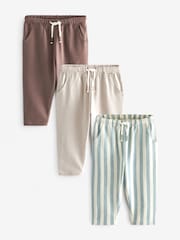 Tan Brown/Ecru/Mineral Stripe 100% Cotton Joggers 3 Pack (3mths-7yrs) - Image 1 of 3