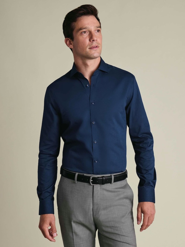 Charles Tyrwhitt Navy Blue Classic Fit Non Iron Herringbone 100% Cotton Shirt - Image 1 of 7